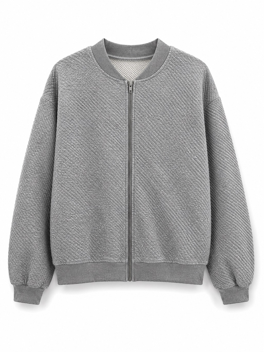 Gray Quilted Bomber Jacket | Zip Front | Lightweight | Size S